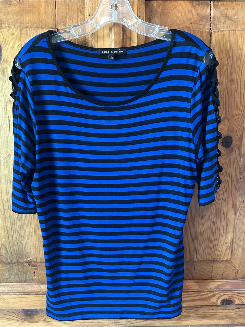 Cable & Gauge Blue and Black Striped Lace-Up Sleeve Top